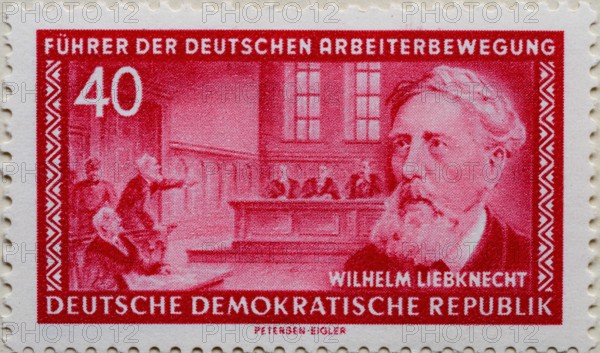 Wilhelm Martin Philipp Christian Ludwig Liebknecht, 1826 – 1900, a German socialist activist and politician. Portrait on a German post stamp