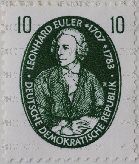 Leonhard Euler, 1707, 1783, a Swiss mathematician and physicist. Portrait on a German post stamp