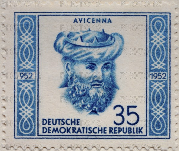 Avicenna, 980, 1037, a Persian physician, philosopher, poet, and scientist. Portrait on a German post stamp