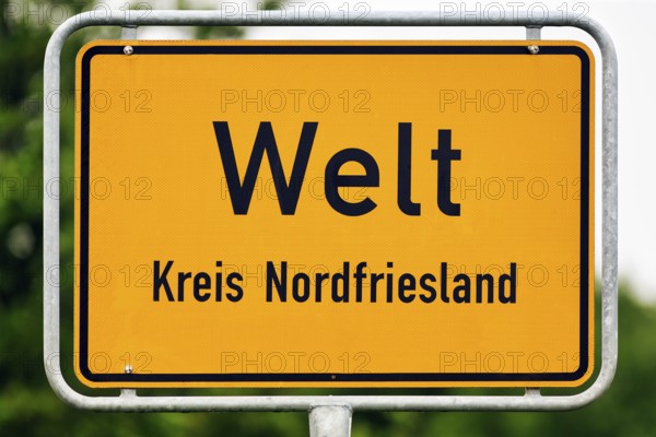 Town sign World, inscription, village on the Eiderstedt peninsula, North Frisia, Germany
