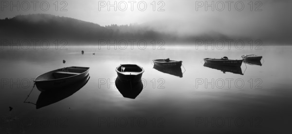 Panorama, black and white, morning mood with fog at the Edersee, rowing boats are moored in the water, Ederstausee, Edertalsperre, Hesse, Germany