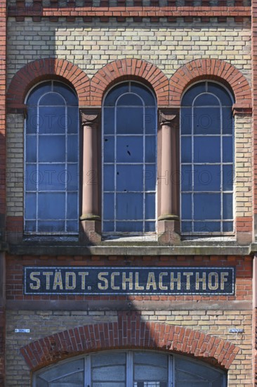 Detail of the main entrance to the former municipal abattoir, built between 1905 and 1906, Wasserstraße 22, Offenburg, Baden-Württemberg, Germany
