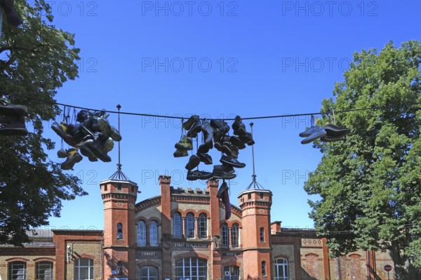 Shoes hanging on a leash, in the courtyard of a residential home for addicts, each shoe is a reminder of a deceased person, behind a former industrial building, Baden-Württemberg