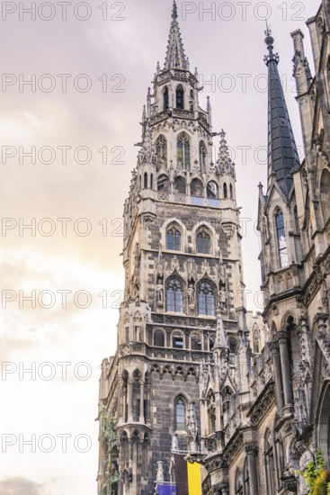 Gothic tower of the New Town Hall at dusk, Munich, Germany