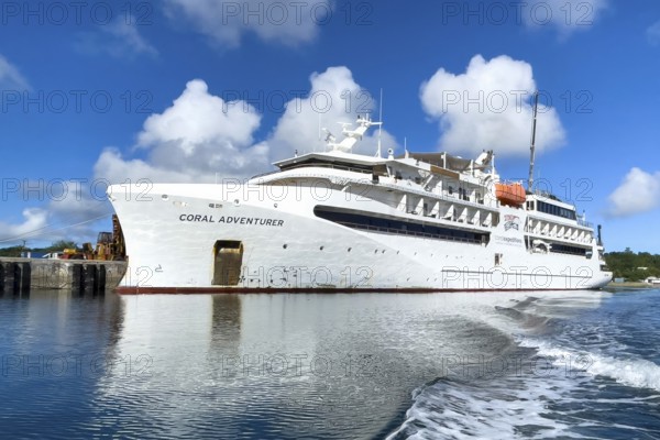 Small cruise ship Coral Adventurer moored in the harbour of Colonia capital of Yap Island, Pacific Ocean, Yap Island, Yap State, Caroline Islands, FSM, Federated States of Micronesia, Australia, Oceania
