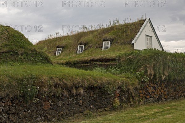 Grass sod house settlement Grenjadarstadur with church, Thingeyjarsveit municipality, North Iceland, Iceland