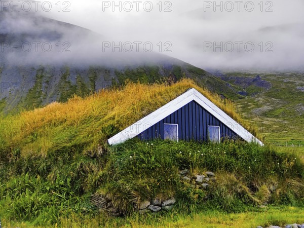 Traditional wooden hut with sod roof, Reykjadiskur, Iceland