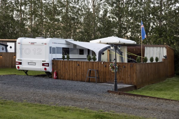Icelandic permanent camper at the ordinary campsite in Uthlid in Biskupstungur, Iceland