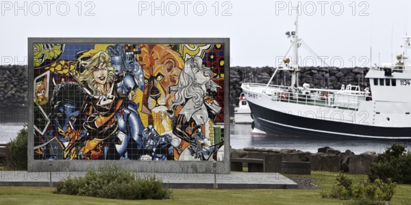 Tile mural by Erró, actually Gumundur Gumundsson in Ólafsvík, where he was born, in front of the harbour, Iceland
