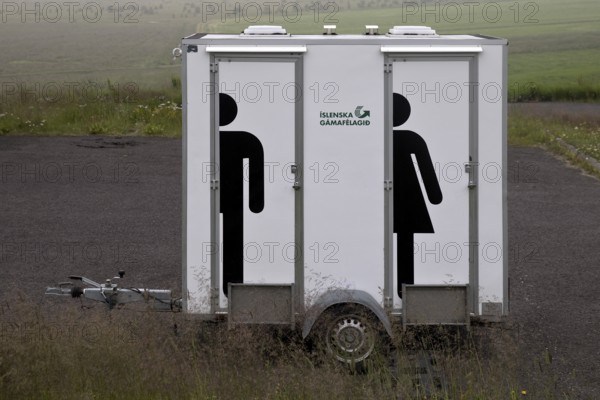 Toilet truck in rural surroundings, Hólar, Northwest Iceland, Iceland