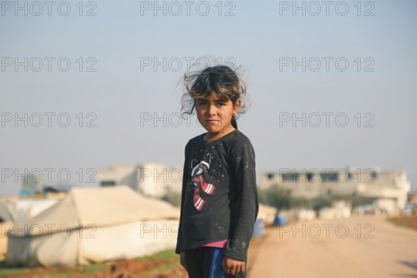 Syrian children living in a temporary refugee camp near the Syrian-Turkish border on World Children's Day. Aleppo, Syria. January 26, 2023, Aleppo, Syria