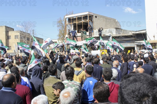 Civilians demonstrating in support of the Syrian revolution against the Bashar al-Assad regime. Aleppo, Syria November 28, 2011, Aleppo, Syria