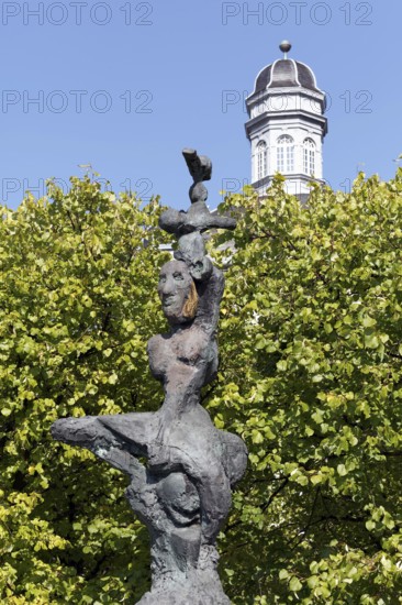 The Ugly Greets the Beautiful I, bronze sculpture by sculptor Markus Lüpertz, Bensberg Castle, Bergisch Gladbach, Bergisches Land, North Rhine-Westphalia, Germany