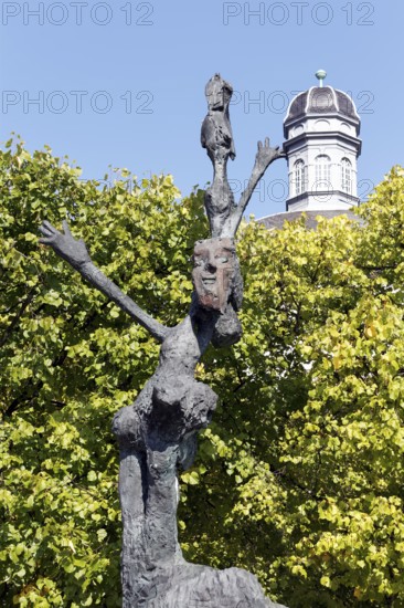 The Ugly Greets the Beautiful II, bronze sculpture by sculptor Markus Lüpertz, Bensberg Castle, Bergisch Gladbach, Bergisches Land, North Rhine-Westphalia, Germany