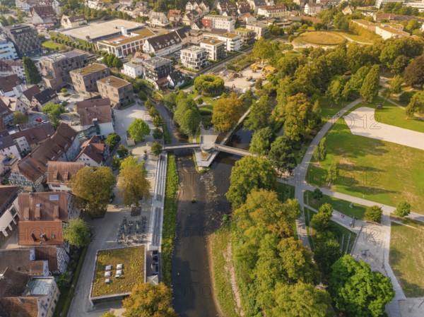 Aerial view of a park with river and bridges, surrounded by a town, Nagold, district of Calw, Black Forest, Germany