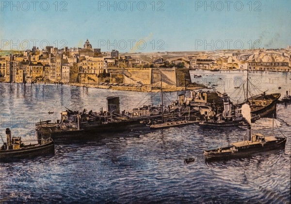 Arrival of the tanker ss Ohio 1942, Oelgemaelde, Fort St. Elmo, fortress on the northern tip built in 1670 by the Order of Malta to fortify the harbour, houses the National War Museum of Military History, Valletta, UNESCO World Heritage Site, Malta