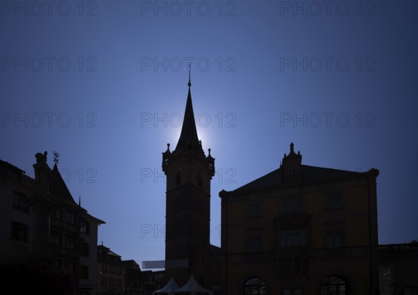 Cappel Tower, Sainte-Odile Fountain, Town Hall, Hôtel de Ville, Market Square, Old Town, Obernai, also Oberehnheim, Backlight, Silhouette, Bas-Rhin, Grand-Est, Alsace, France