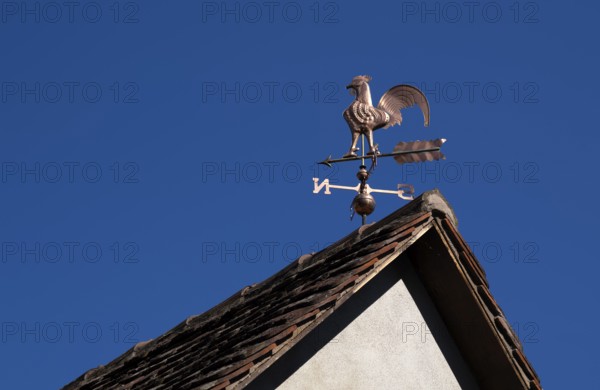 Weather vane, crowing weathercock on the roof of a house, gable, Obernai, also Oberehnheim, Bas-Rhin, Grand-Est, Alsace, France