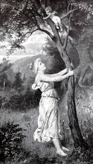 Romanticism of the turn of the century, Woman has discovered a small angel on a tree and wants to shake it down, 1880, Historical, authentic, digitally restored reproduction from a 19th century original, Record date not stated