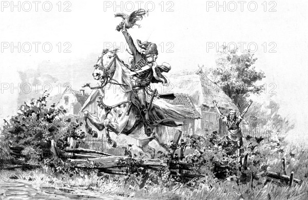 Lucky catch, theft, chicken thief, soldier on a horse has stolen a chicken and jumps over the garden fence, the farmer's wife runs after him angrily, 1880, France, Historical, authentic, digitally restored reproduction from a 19th century original, Record date not stated