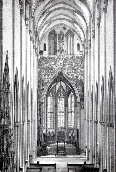 The central nave of Ulm Minster with the Last Judgement above the choir arch, 1880, Baden-Württemberg, Germany, Historical, authentic, digitally restored reproduction from a 19th century original, Record date not stated