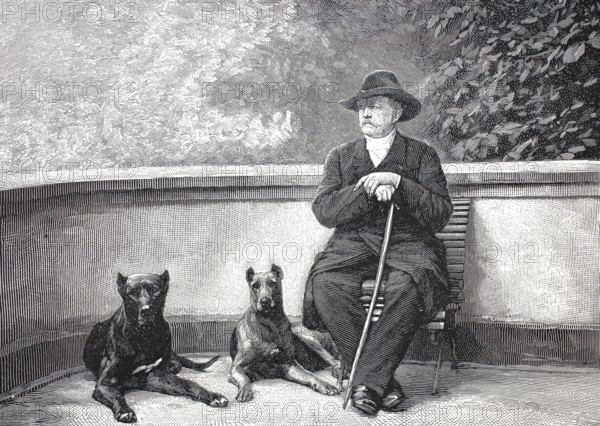 Otto Eduard Leopold von Bismarck-Schönhausen, from 1865 Count von Bismarck-Schönhausen, from 1871 Prince von Bismarck, (born 1 April 1815, died 30 July 1898), German politician and statesman, here in 1891, with his dogs, Historical, authentic, digitally restored reproduction from a 19th century original, Record date not stated