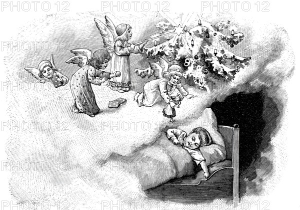 Christmas dream, Boy lying in bed and dreaming of Christmas angels bringing presents, 1898, Germany, Historical, authentic, digitally restored reproduction from a 19th century original, Record date not stated