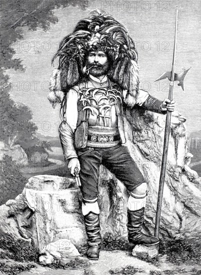 Saltner from Merano, vineyard guardian, vineyard guardian, field guard in the wine mountains to prevent grape thefts and drive away birds, 1895, South Tyrol, Italy, Historical, authentic, digitally restored reproduction from a 19th century original, Record date not stated