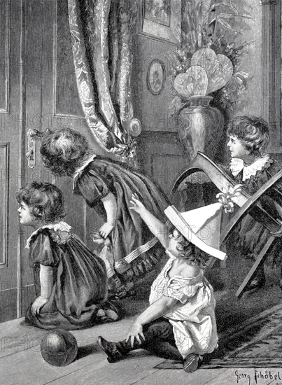 Christmas, the children are curious of Father Christmas is already there and look through the keyhole, 1898, Germany, Historical, authentic, digitally restored reproduction from a 19th century original, Record date not stated