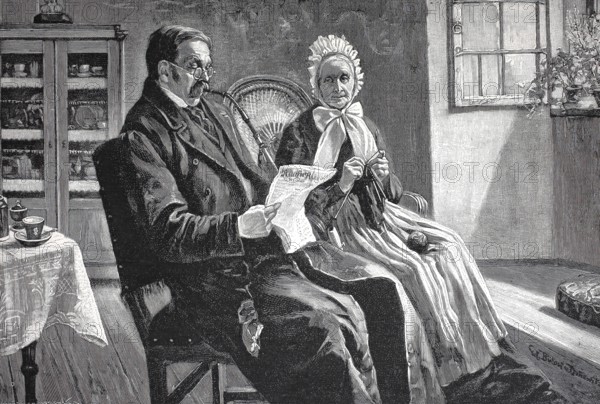 The latest news, man and woman sitting in the living room, he is reading the newspaper, she is knitting, 1895, Germany, Historical, authentic, digitally restored reproduction from a 19th century original, Record date not stated