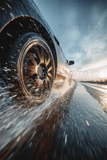 Car drives fast on a wet road, motorway, motorway and generates splash water, risk of accident due to aquaplaning, dynamic scene at sunset. AI generated, AI generated