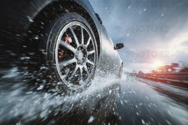 Car drives fast on a wet road, motorway, motorway and generates splash water, risk of accident due to aquaplaning, dynamic scene at sunset. AI generated, AI generated