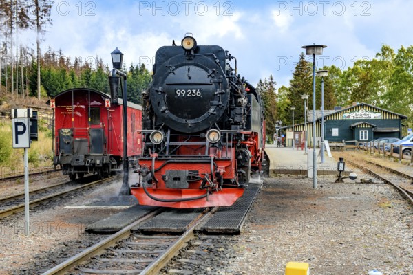 View of middle steam locomotive steam locomotive of Harz narrow-gauge railway narrow-gauge railway Brockenbahn stands on track towards summit of Brocken on right platform of Schierke station, left end of train with iron wagon passenger wagon of downhill train, Schierke, Wernigerode im Harz, Saxony-Anhalt, Germany