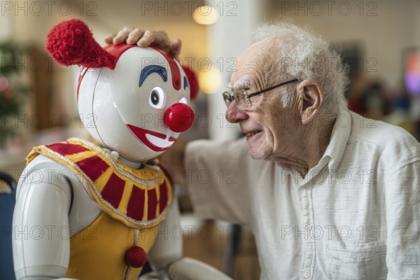 An elderly man in a nursing home has fun, smiles and communicates with a humanoid robot wearing a clown costume, symbolising loneliness, social isolation in old age, AI generated, AI generated