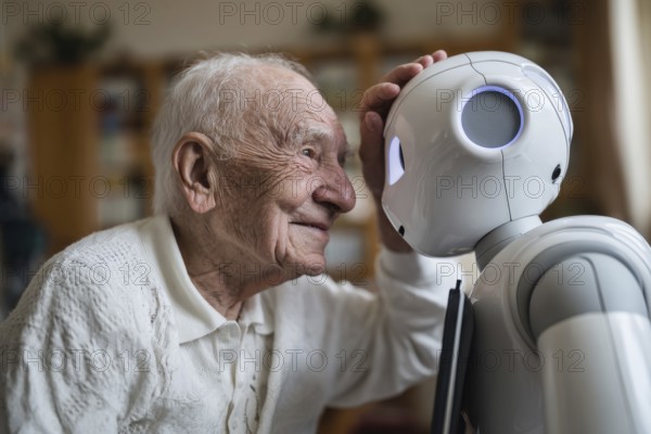 An elderly man in a nursing home smiles and communicates with a humanoid robot, carer robot, symbol of loneliness, social isolation in old age, AI generated, AI generated