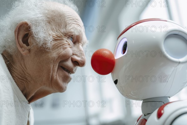 An elderly man in a nursing home smiles and communicates with a humanoid robot, care robot with a clown nose, symbolising loneliness, social isolation in old age, AI generated, AI generated