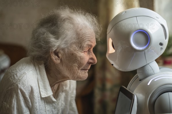 An elderly woman in a nursing home smiles and communicates with a humanoid robot, care robot, symbol of loneliness, social isolation in old age, AI generated, AI generated