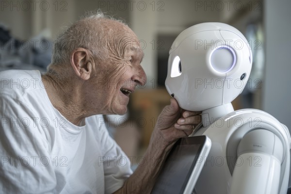 An elderly man in a nursing home has fun, smiles and communicates with a humanoid robot, carer robot, symbol of loneliness, social isolation in old age, AI generated, AI generated