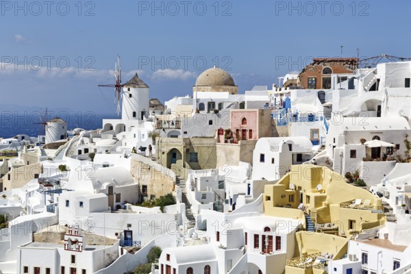 White and colourfully painted holiday homes on a steep slope, windmills, view of Oia, Thira, Santorini, Cyclades, Greece