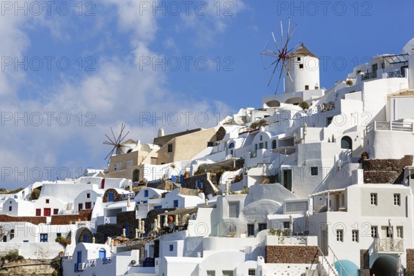 Whitewashed holiday homes, two windmills on the hillside, Cumulus, Oia, Thira, Santorini, Cyclades, Greece