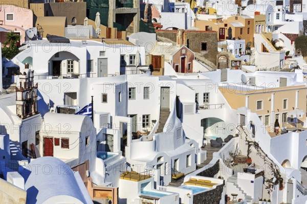 White and colourfully painted holiday homes with pool on a steep slope, stairs, narrow alleys, Oia, Thira, Santorini, Cyclades, Greece