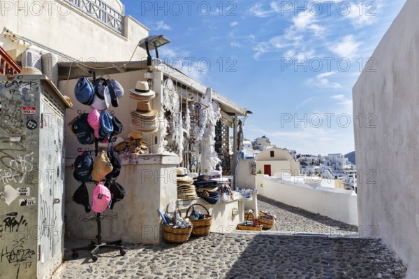 Souvenir shop in a narrow alley in the old town, Shopping, Cirrus, Oia, Thira, Santorini, Cyclades, Greece