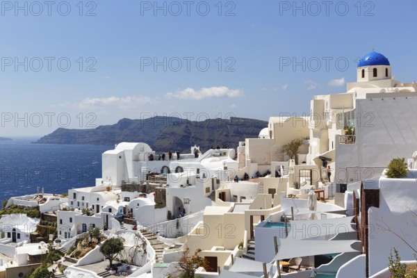 White holiday homes on the edge of the caldera, sea view, Oia, Thira, Santorini, Cyclades, Greece