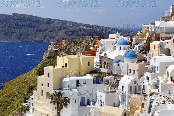 White and colourfully painted holiday homes, orthodox churches with blue domes on the edge of the caldera, Oia, Thira, Santorini, Cyclades, Greece