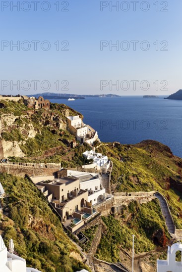 White houses on the cliffs, view of the caldera, Oia, Thira, Santorini, Cyclades, Greece