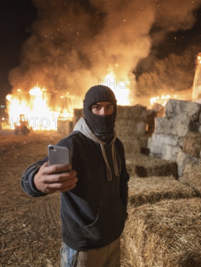 Vermummte Person macht mit dem Smartphone ein Selfie vor brennendem Strohlager in der Nacht, Brandstiftung, Brandleger, Feuerteufel, Pyromane, Pyromanie, Kriminalität, dunkle und bedrohliche Atmosphäre, AI generiert, AI generated