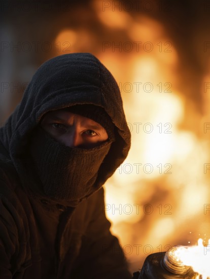 Vermummte Person mit Kapuze und Maske hält Flasche vor einem großen Feuer, Brandstiftung, Brandleger, Feuerteufel, Pyromane, Pyromanie, Kriminalität, dunkle und bedrohliche Atmosphäre, AI generiert, AI generated