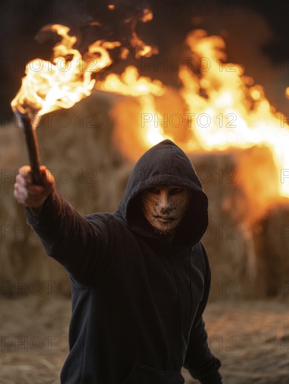 Maskierte Person hebt Fackel vor brennendem Strohlager in der Nacht, Brandstiftung, Brandleger, Feuerteufel, Pyromane, Pyromanie, Kriminalität, dunkle und bedrohliche Atmosphäre, AI generiert, AI generated
