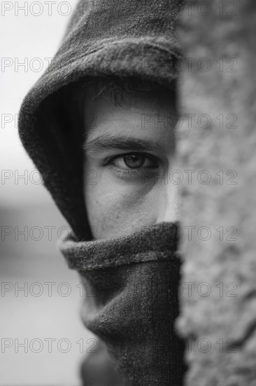 Mann in Kapuzenpullover schaut mit intensivem Blick hinter einer Mauer und beobachtet eine Situation, Symbolbild für Einbrecher, Gangster, Krimineller, Kriminalität, Verbrecher, Dieb, bedrohliche und beängstigende Stimmung, AI generiert, AI generated