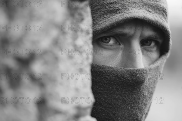 Eine vermummte Person schaut mit intensivem Blick hinter einer Mauer und beobachtet eine Situation, Symbolbild für Einbrecher, Gangster, Krimineller, Kriminalität, Verbrecher, Dieb, bedrohliche und beängstigende Stimmung, AI generiert, AI generated